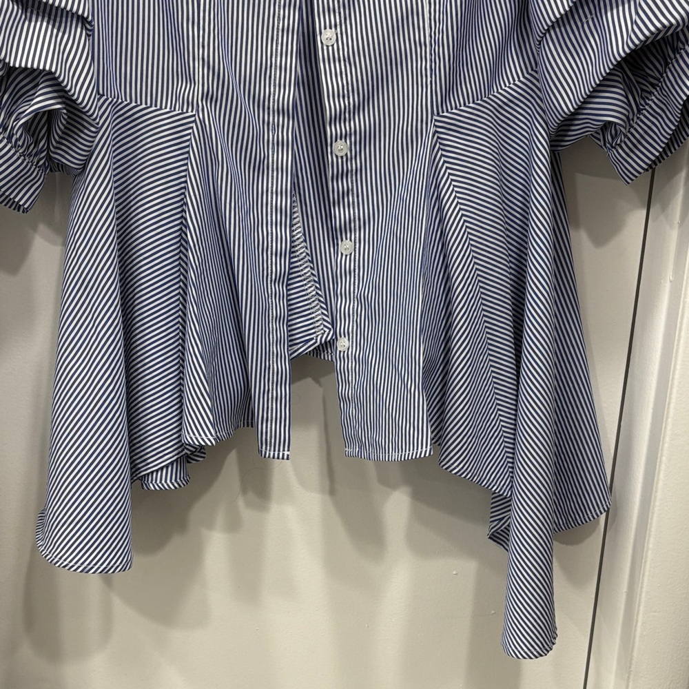 Blue Striped Ruffle Sleeve Blouse - Picture 3 of 4